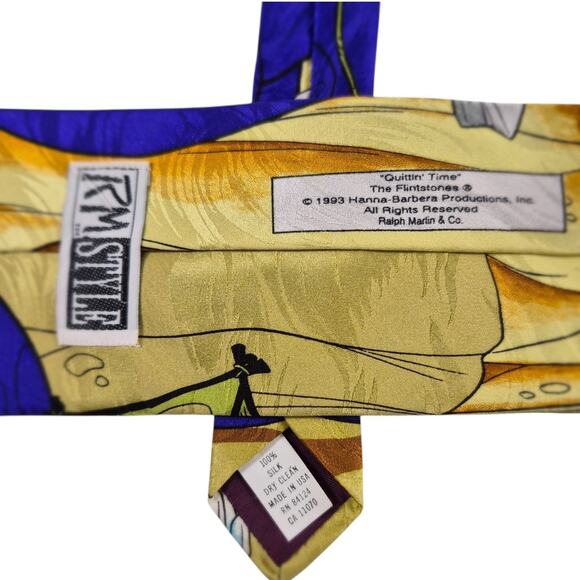 Vintage USA 1993 Blue Yellow Silk Tie Fred Flintstone Dino "Quittin Time" - Picture 2 of 3